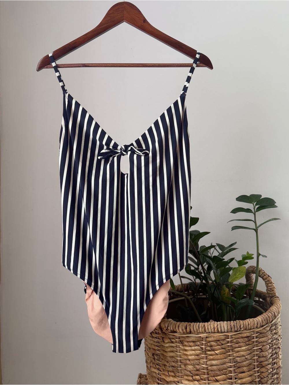Women's J CREW Navy Blue White Striped Tie Front One Piece Swim Swimsuit Large L
